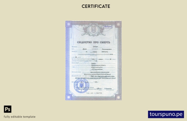 Plantilla de certificado de defunción de Ucrania lista para imprimir en formato 